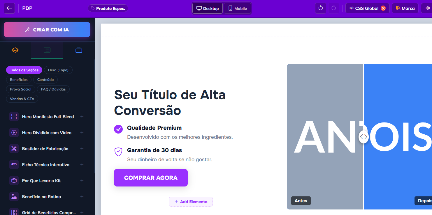 Editor do app Convertfly com o botão Criar com IA e a lista de seções prontas à esquerda