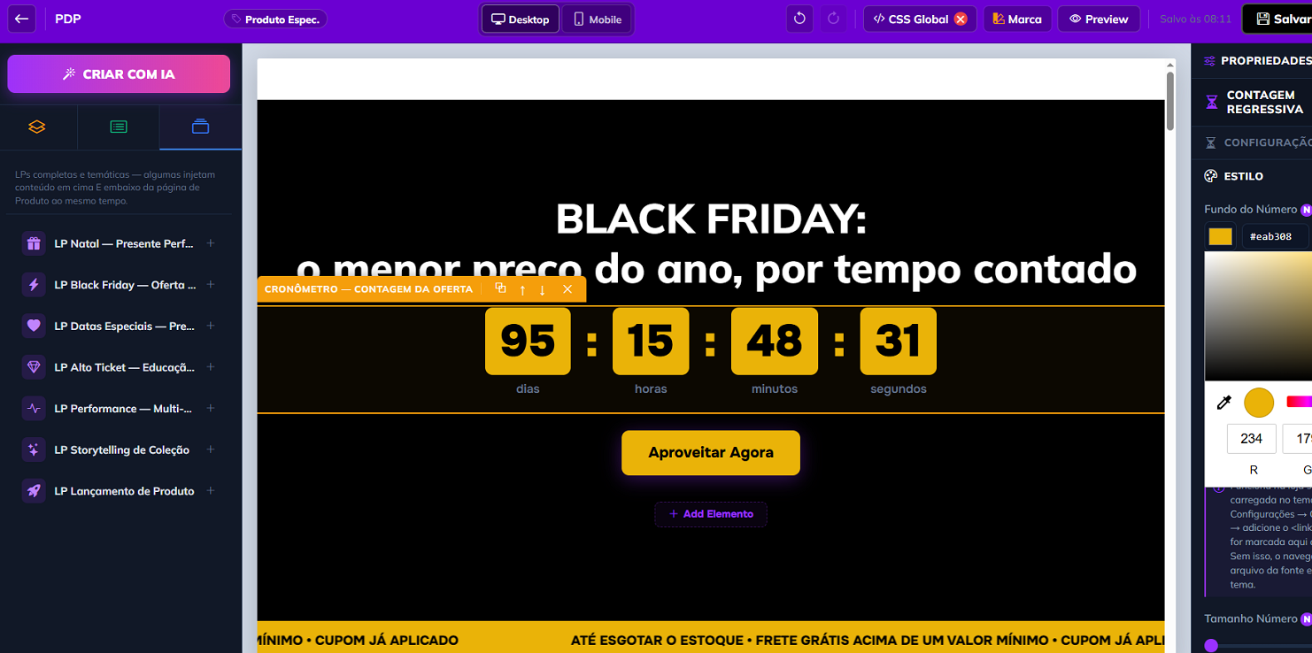 Editor do app Convertfly inserindo uma landing page completa de Black Friday